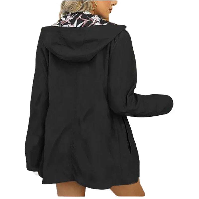 Women's Autumn Hooded Jacket Reversible Printed Casual Coat with Pockets Multicolour Streetwear S-2XL Matching Clothing