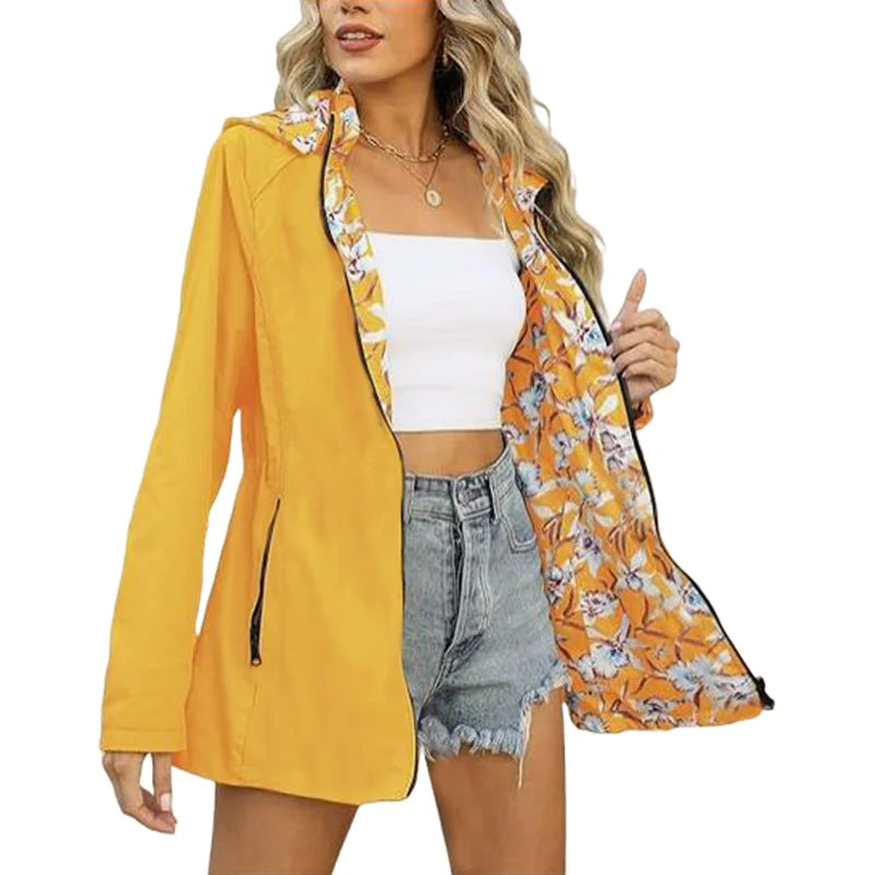 Women's Autumn Hooded Jacket Reversible Printed Casual Coat with Pockets Multicolour Streetwear S-2XL Matching Clothing