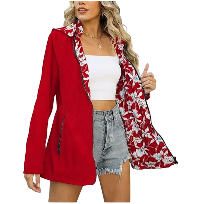 Women's Autumn Hooded Jacket Reversible Printed Casual Coat with Pockets Multicolour Streetwear S-2XL Matching Clothing