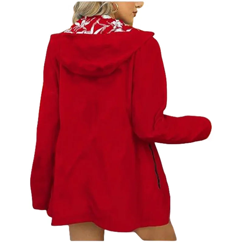 Women's Autumn Hooded Jacket Reversible Printed Casual Coat with Pockets Multicolour Streetwear S-2XL Matching Clothing