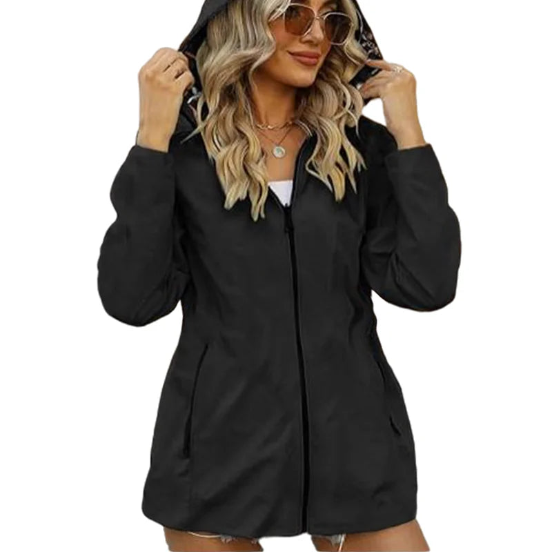 Women's Autumn Hooded Jacket Reversible Printed Casual Coat with Pockets Multicolour Streetwear S-2XL Matching Clothing