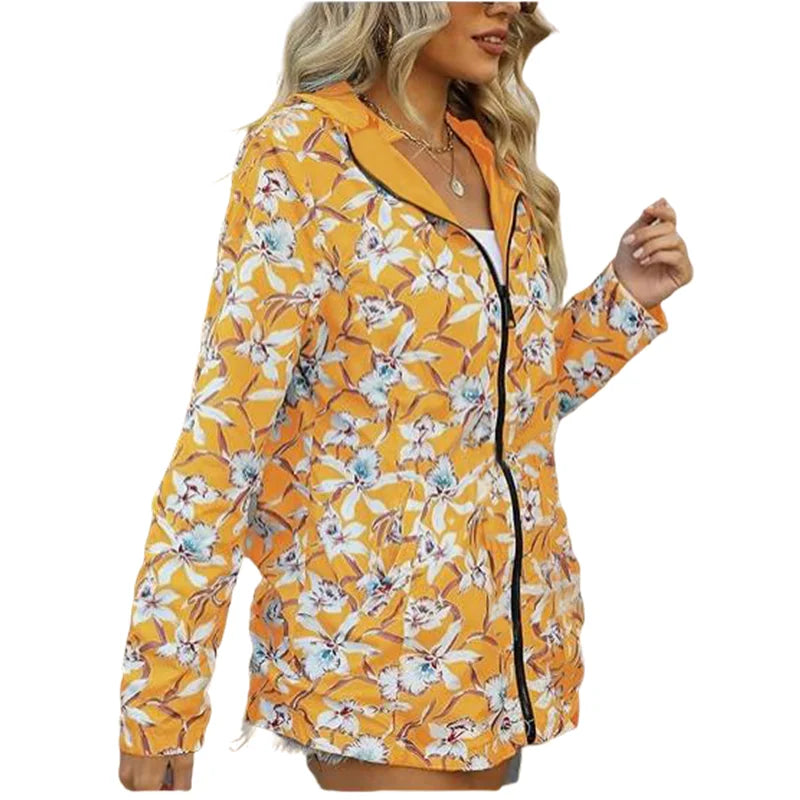 Women's Autumn Hooded Jacket Reversible Printed Casual Coat with Pockets Multicolour Streetwear S-2XL Matching Clothing