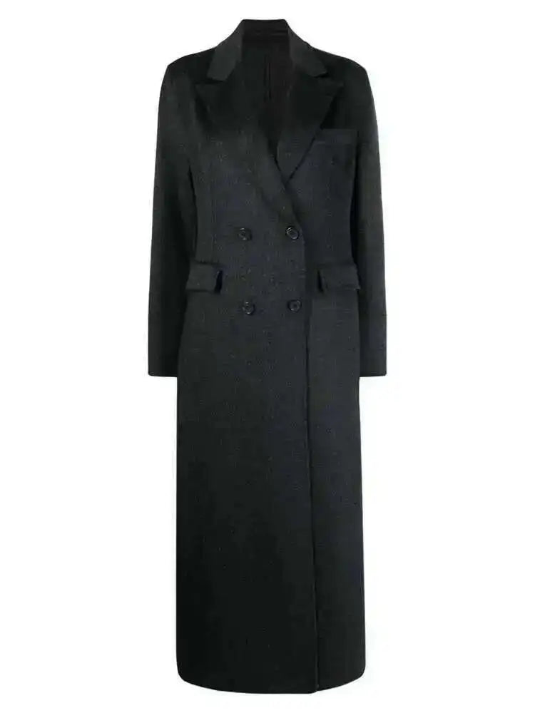 EAM White Ankle Length Woolen Coat New Lapel Long Sleeve Double Breasted Women Jacket Fashion Autumn Winter Tide 2025 31A0988