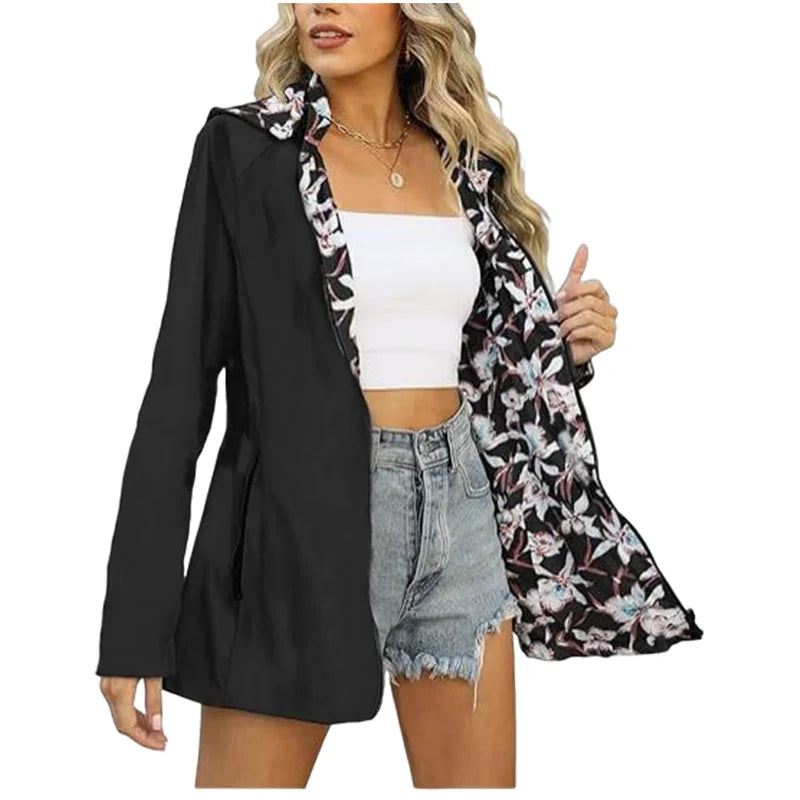 Women's Autumn Hooded Jacket Reversible Printed Casual Coat with Pockets Multicolour Streetwear S-2XL Matching Clothing