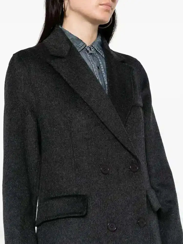 EAM White Ankle Length Woolen Coat New Lapel Long Sleeve Double Breasted Women Jacket Fashion Autumn Winter Tide 2025 31A0988