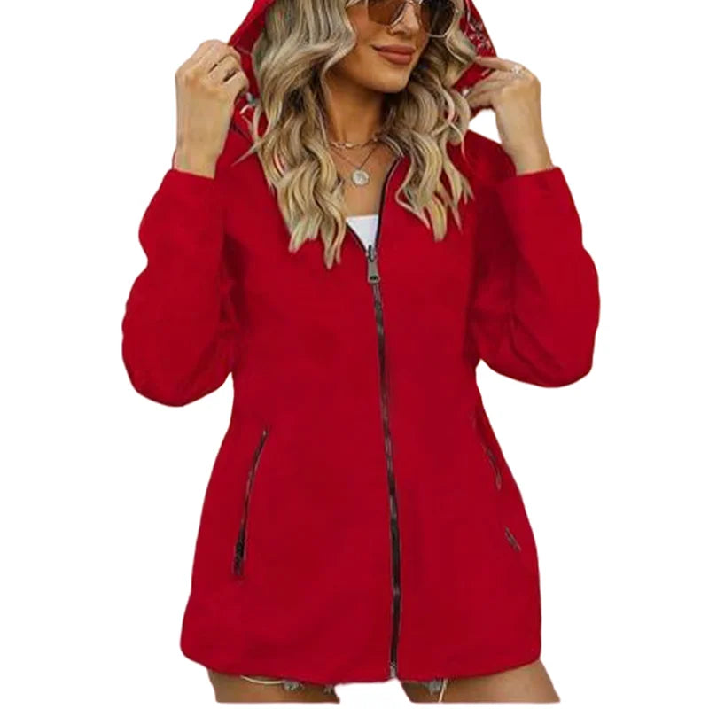 Women's Autumn Hooded Jacket Reversible Printed Casual Coat with Pockets Multicolour Streetwear S-2XL Matching Clothing