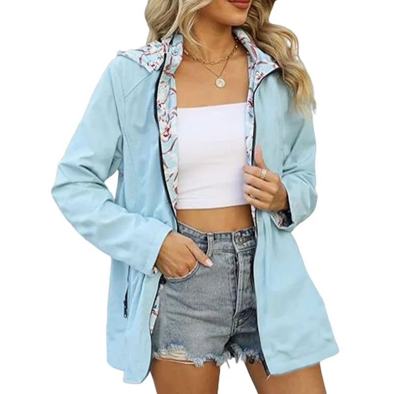 Women's Autumn Hooded Jacket Reversible Printed Casual Coat with Pockets Multicolour Streetwear S-2XL Matching Clothing