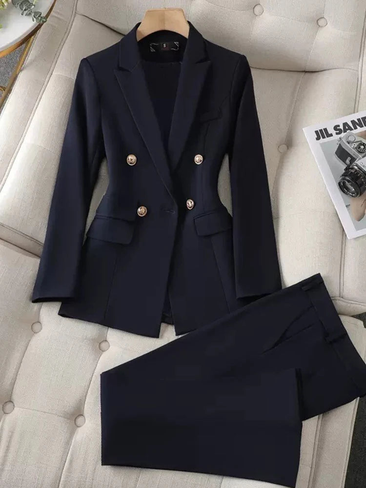 Yitimuceng Women Slim Fit Double breasted Top and Pants Set Elegant Office Set Fashion Coat 2 piece Set