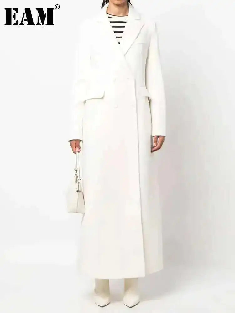 EAM White Ankle Length Woolen Coat New Lapel Long Sleeve Double Breasted Women Jacket Fashion Autumn Winter Tide 2025 31A0988