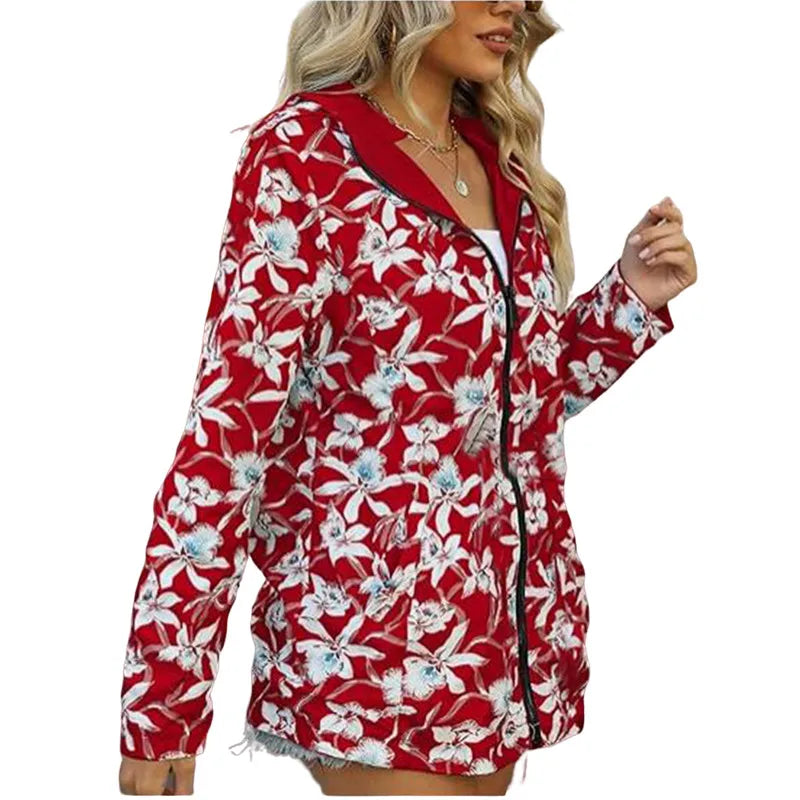 Women's Autumn Hooded Jacket Reversible Printed Casual Coat with Pockets Multicolour Streetwear S-2XL Matching Clothing