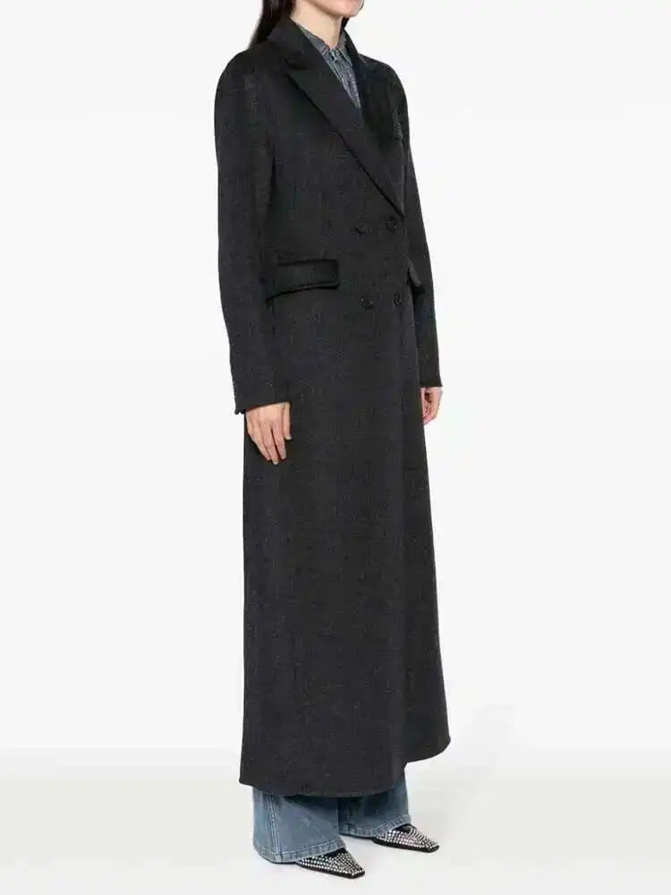 EAM White Ankle Length Woolen Coat New Lapel Long Sleeve Double Breasted Women Jacket Fashion Autumn Winter Tide 2025 31A0988