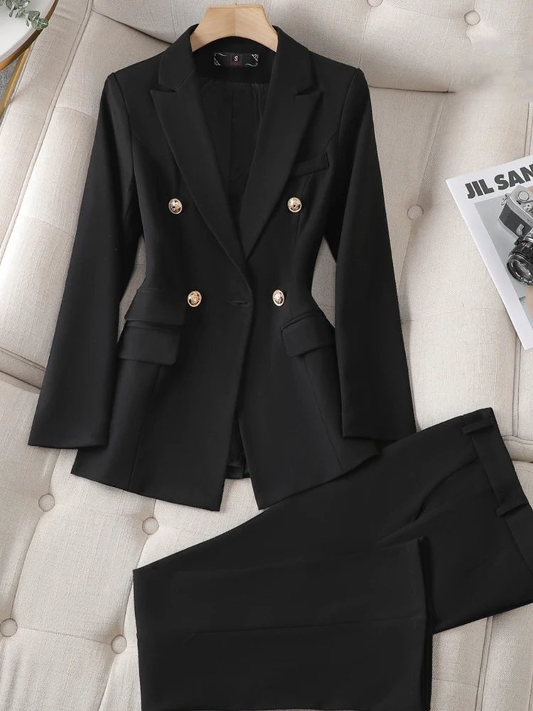 Yitimuceng Women Slim Fit Double breasted Top and Pants Set Elegant Office Set Fashion Coat 2 piece Set