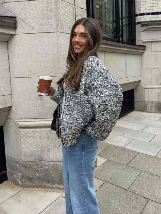 Sequins Jackets Women 2025 New Autumn Winter High Street Fashion Elegant Zipper Sliver Bomber Coat Retro Casual Loose Outerwear