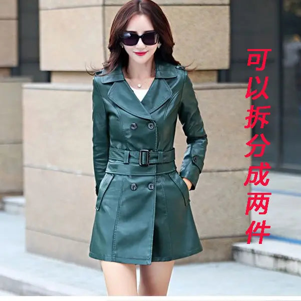 2023 fall top Compound lambskin leather moto jacket Detachable women clothing  trench Long faux fur coat streetwear detachable