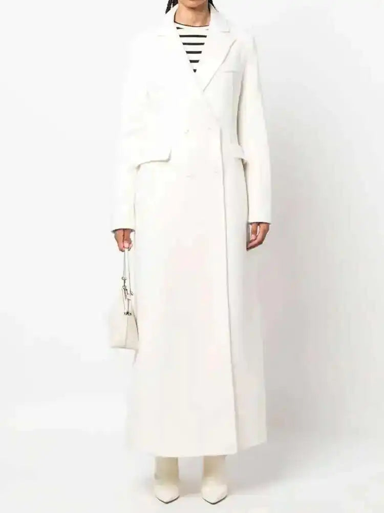EAM White Ankle Length Woolen Coat New Lapel Long Sleeve Double Breasted Women Jacket Fashion Autumn Winter Tide 2025 31A0988