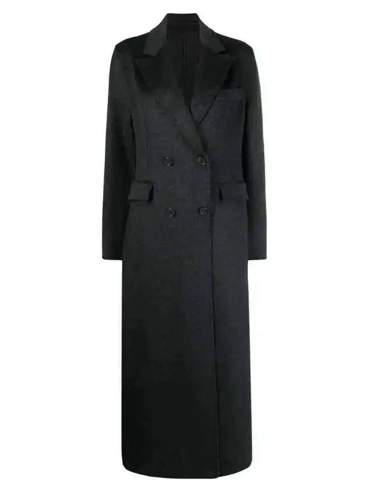 EAM White Ankle Length Woolen Coat New Lapel Long Sleeve Double Breasted Women Jacket Fashion Autumn Winter Tide 2025 31A0988