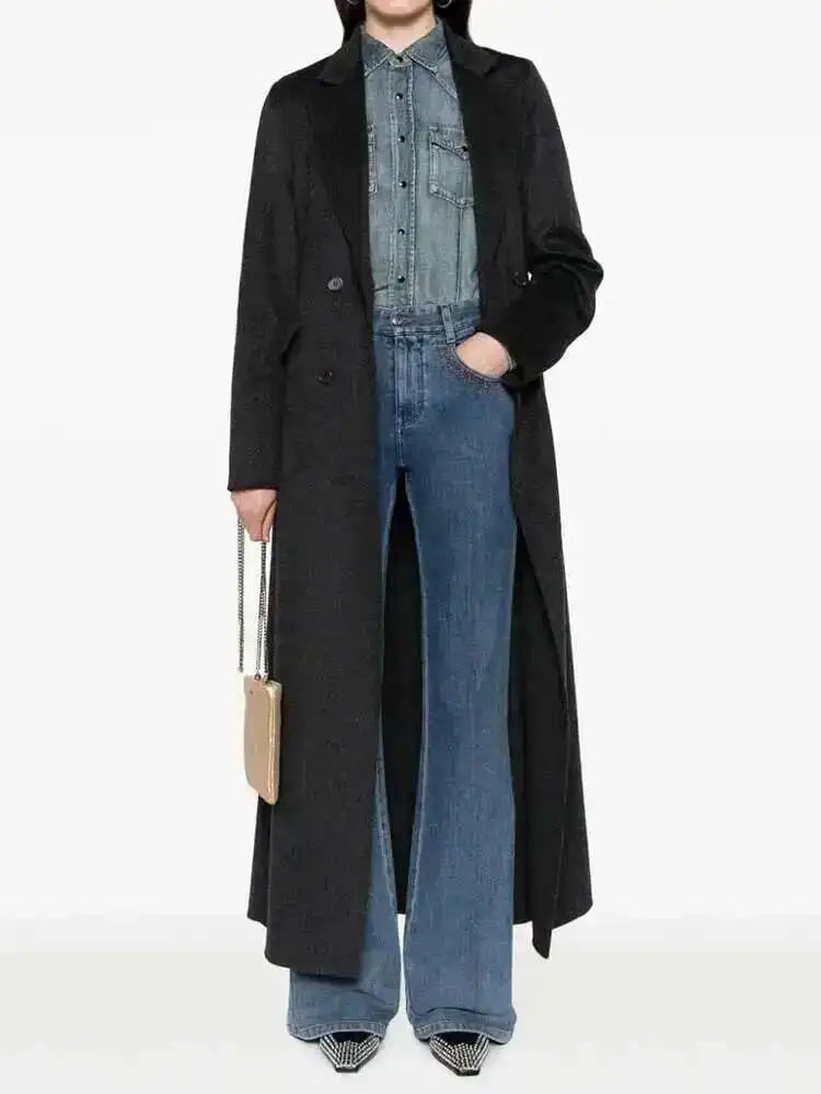 EAM White Ankle Length Woolen Coat New Lapel Long Sleeve Double Breasted Women Jacket Fashion Autumn Winter Tide 2025 31A0988