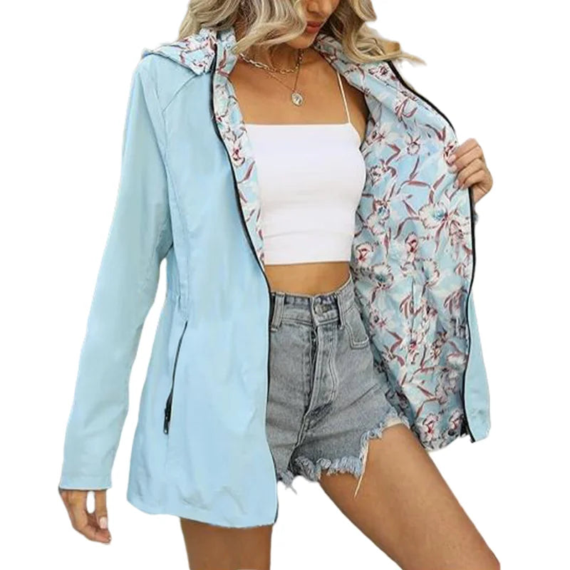 Women's Autumn Hooded Jacket Reversible Printed Casual Coat with Pockets Multicolour Streetwear S-2XL Matching Clothing