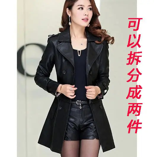 2023 fall top Compound lambskin leather moto jacket Detachable women clothing  trench Long faux fur coat streetwear detachable