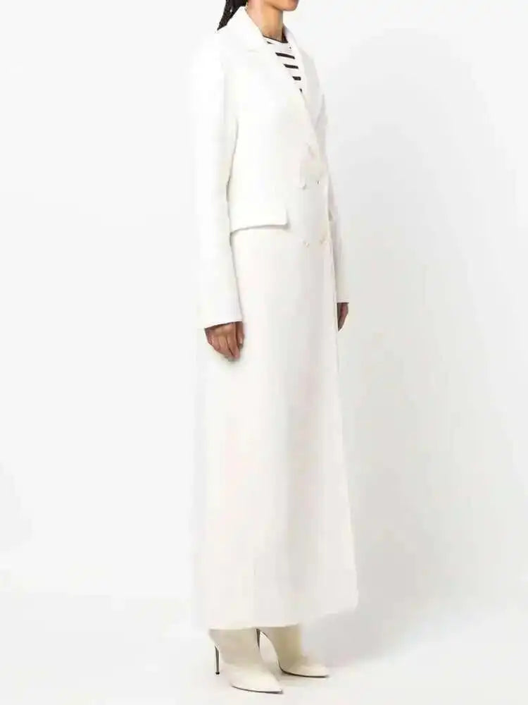 EAM White Ankle Length Woolen Coat New Lapel Long Sleeve Double Breasted Women Jacket Fashion Autumn Winter Tide 2025 31A0988