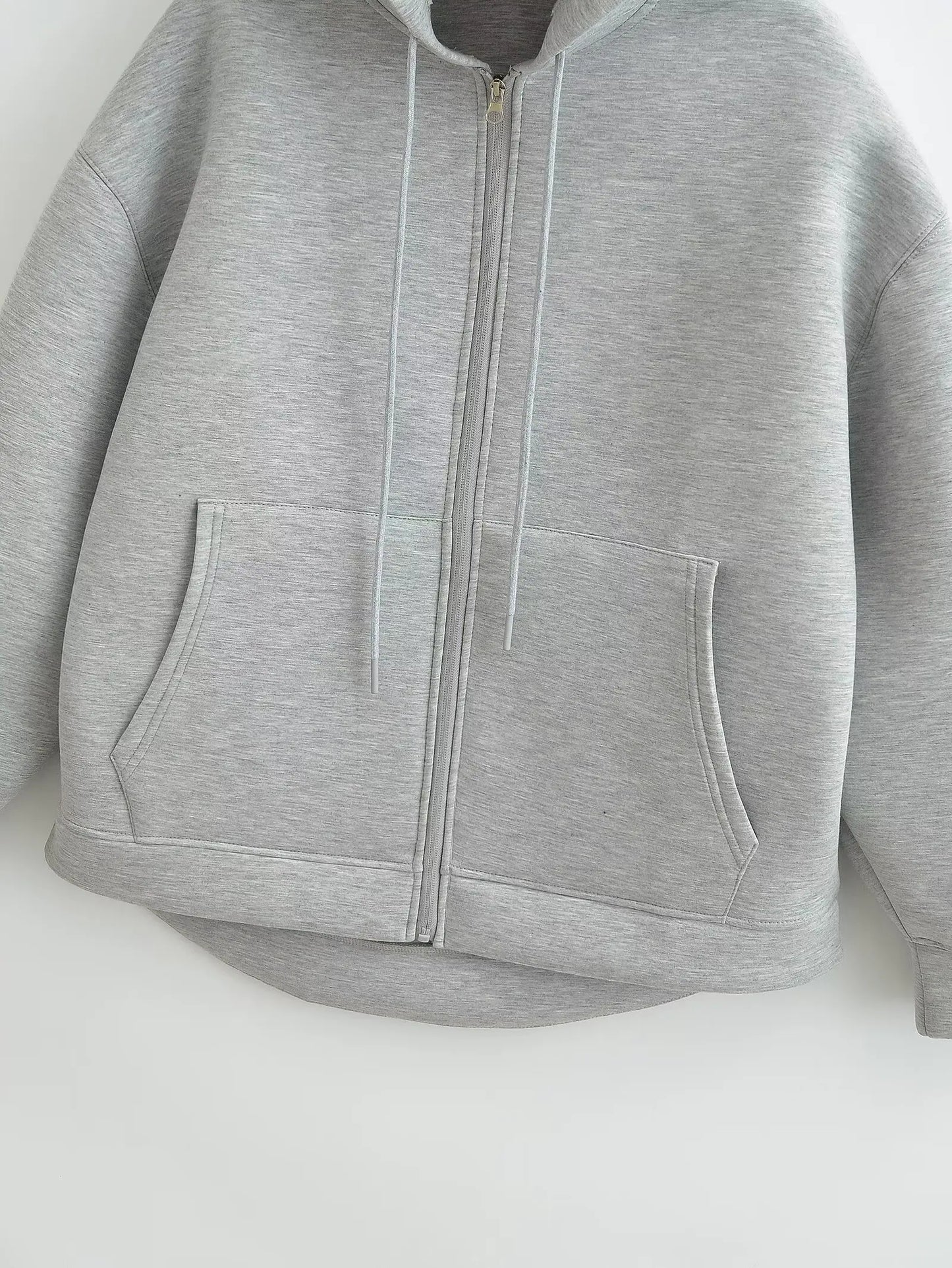 TRAFZA Autumn Women Gray Jacket With Hood Long Sleeve Big Pocket Zipper Jacket Coat Woman Loose Casual Outerwear Coat Tops