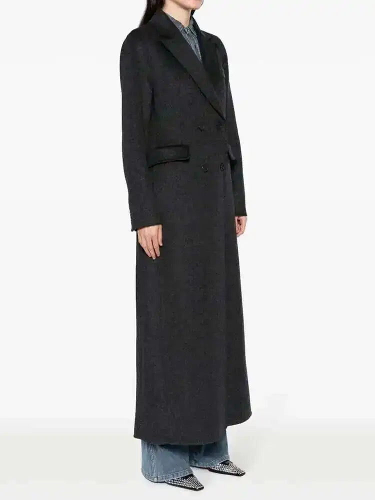 EAM White Ankle Length Woolen Coat New Lapel Long Sleeve Double Breasted Women Jacket Fashion Autumn Winter Tide 2025 31A0988