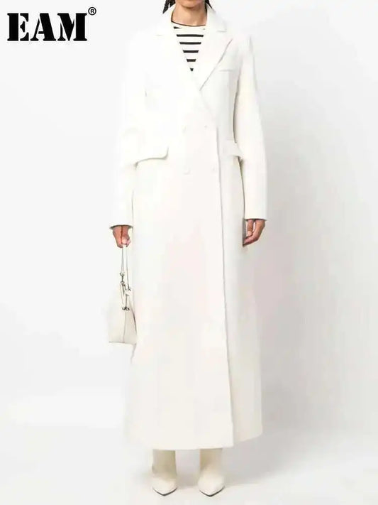 EAM White Ankle Length Woolen Coat New Lapel Long Sleeve Double Breasted Women Jacket Fashion Autumn Winter Tide 2025 31A0988
