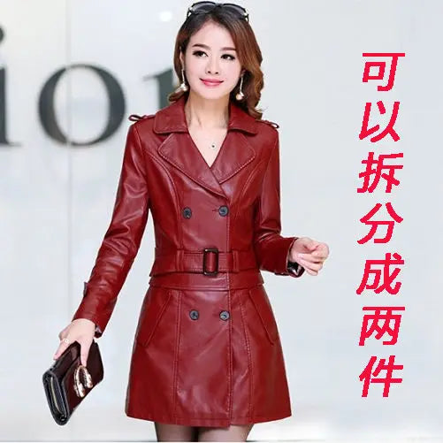 2023 fall top Compound lambskin leather moto jacket Detachable women clothing  trench Long faux fur coat streetwear detachable